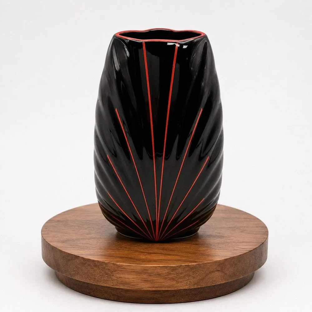 Seizan Japan Black Red Art Deco Sunburst Ceramic Vase Scalloped Scuptural 8in